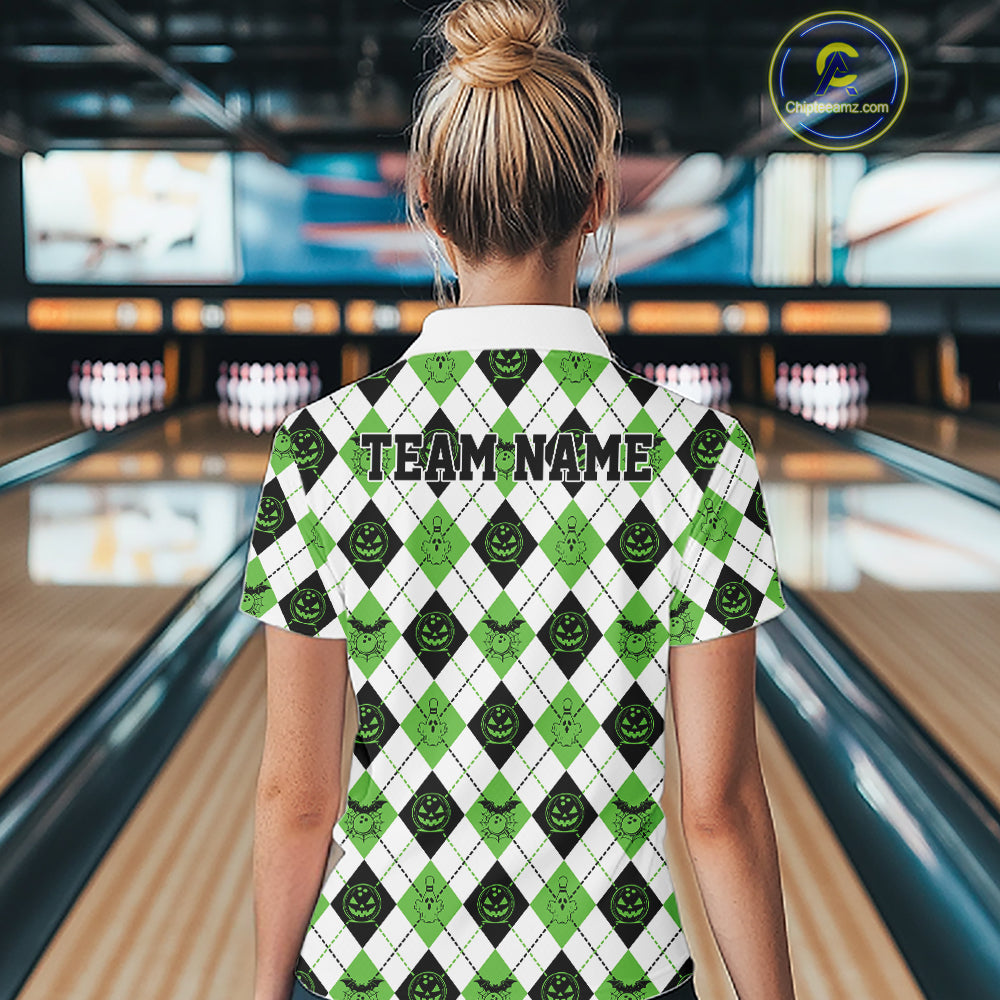 Custom Funny White, Black And Green Halloween Bowling Argyle Pattern Women Polo Shirt IPHW11915