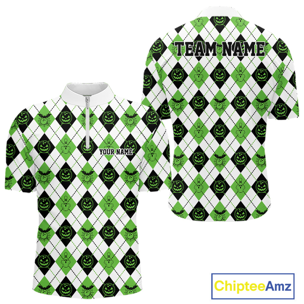 Custom Funny White, Black And Green Halloween Bowling Argyle Pattern Men Quarter Zip Shirt IPHW11915