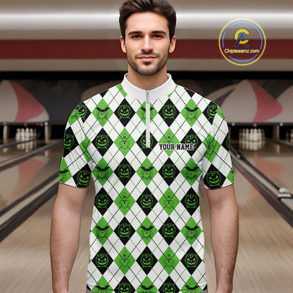 Custom Funny White, Black And Green Halloween Bowling Argyle Pattern Men Quarter Zip Shirt IPHW11915