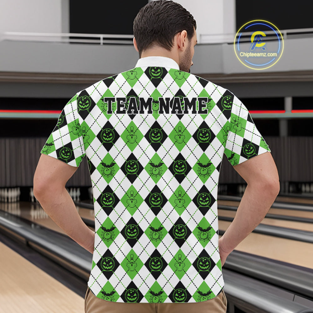 Custom Funny White, Black And Green Halloween Bowling Argyle Pattern Men Quarter Zip Shirt IPHW11915