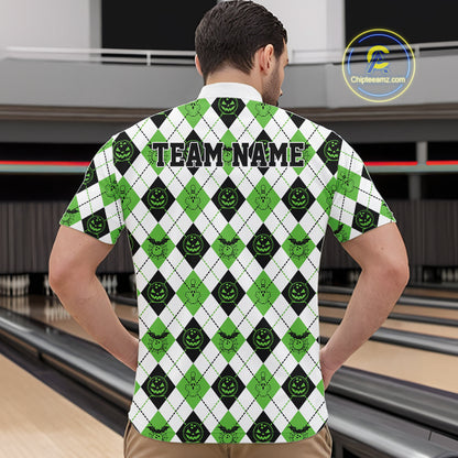 Custom Funny White, Black And Green Halloween Bowling Argyle Pattern Men Quarter Zip Shirt IPHW11915