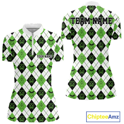 Custom Funny White, Black And Green Halloween Bowling Argyle Women Quarter-Zip Shirt IPHW11915