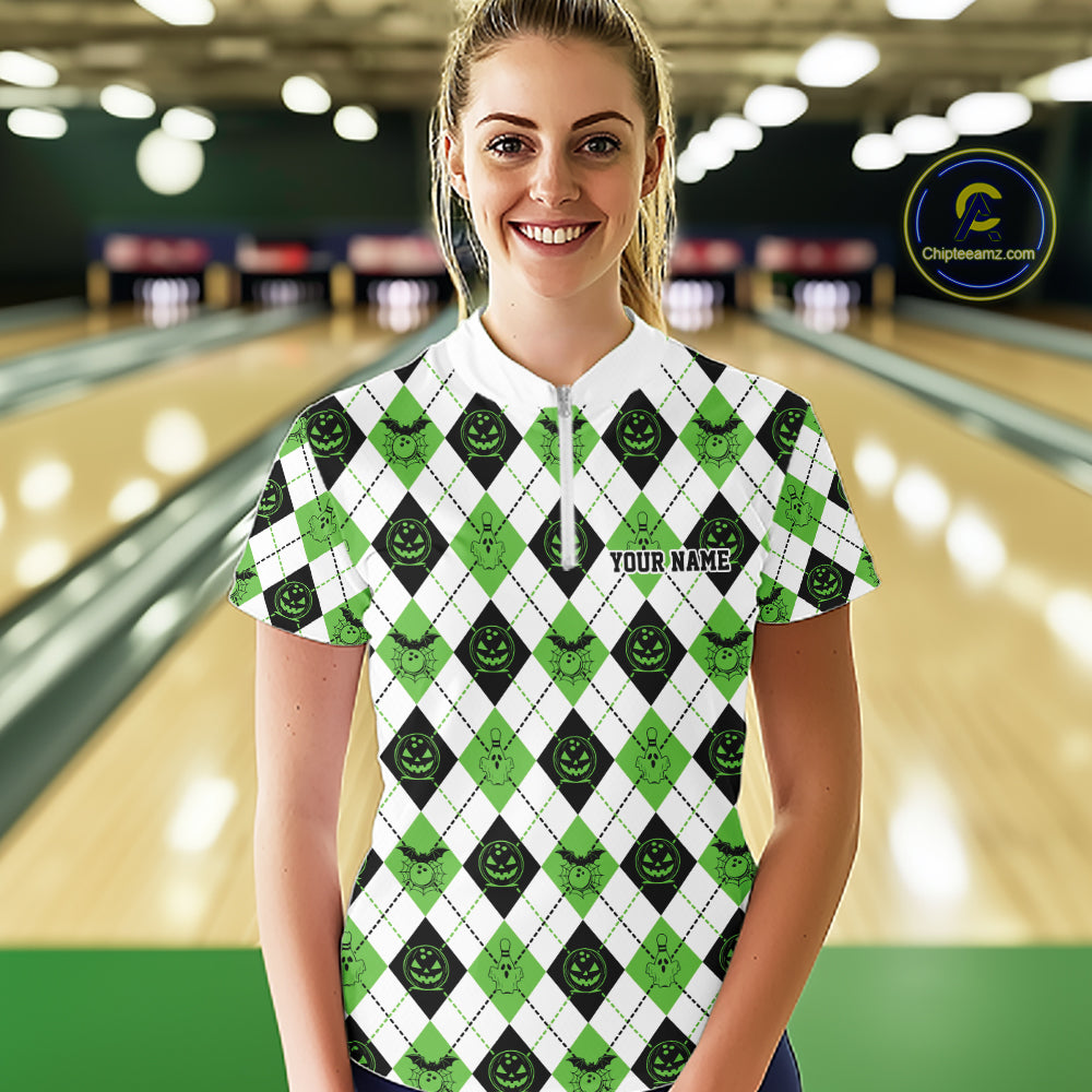 Custom Funny White, Black And Green Halloween Bowling Argyle Women Quarter-Zip Shirt IPHW11915