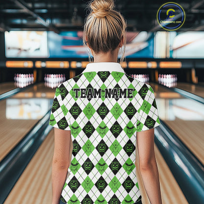 Custom Funny White, Black And Green Halloween Bowling Argyle Women Quarter-Zip Shirt IPHW11915