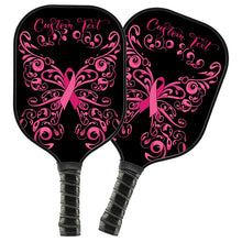 Load image into Gallery viewer, Black And Pink Breast Cancer Ribbon Butterfly Custom Pickleball Paddle, Breast Cancer Awareness Paddles IPHW7500