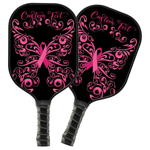 Black And Pink Breast Cancer Ribbon Butterfly Custom Pickleball Paddle, Breast Cancer Awareness Paddles IPHW7500