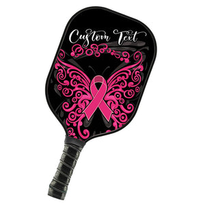 Black And Pink Breast Cancer Ribbon Butterfly Custom Pickleball Paddle, Breast Cancer Awareness Paddles IPHW7503