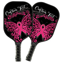 Load image into Gallery viewer, Black And Pink Breast Cancer Ribbon Butterfly Custom Pickleball Paddle, Breast Cancer Awareness Paddles IPHW7503