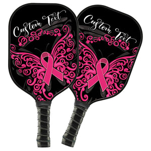 Black And Pink Breast Cancer Ribbon Butterfly Custom Pickleball Paddle, Breast Cancer Awareness Paddles IPHW7503