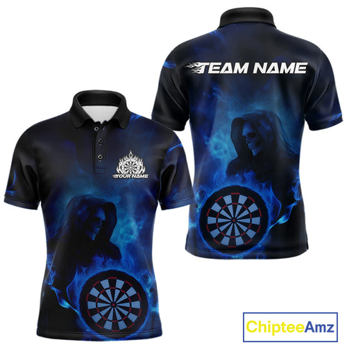 Custom Blue Flame Grim Reaper Skull Dart Men Polo Shirts, Halloween Dart Team Outfits IPHW10023