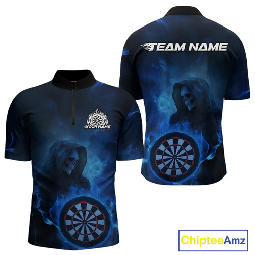Custom Blue Flame Grim Reaper Skull Dart Men Quarter-Zip Shirts, Halloween Dart Team Outfits IPHW10023
