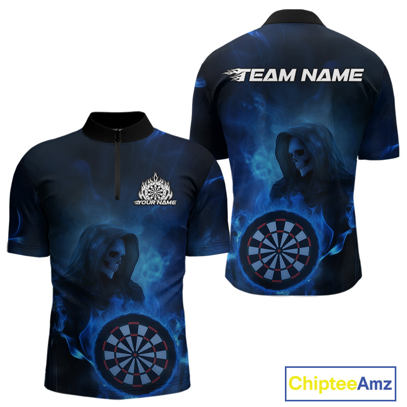 Custom Blue Flame Grim Reaper Skull Dart Men Quarter-Zip Shirts, Halloween Dart Team Outfits IPHW10023