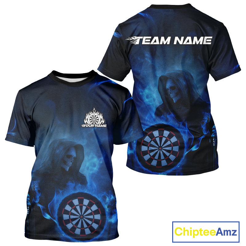 Custom Blue Flame Grim Reaper Skull Dart Men T-Shirts, Halloween Dart Team Outfits IPHW10023