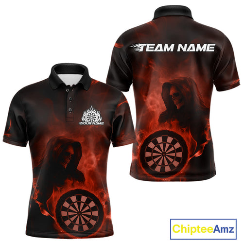 Custom Orange Flame Grim Reaper Skull Dart Men Polo Shirts, Halloween Dart Team Outfits IPHW10024