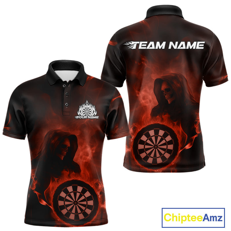 Custom Orange Flame Grim Reaper Skull Dart Men Polo Shirts, Halloween Dart Team Outfits IPHW10024