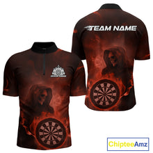 Load image into Gallery viewer, Custom Orange Flame Grim Reaper Skull Dart Men Quarter-Zip Shirts, Halloween Dart Team Outfits IPHW10024