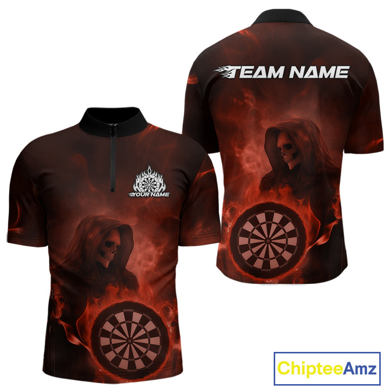 Custom Orange Flame Grim Reaper Skull Dart Men Quarter-Zip Shirts, Halloween Dart Team Outfits IPHW10024