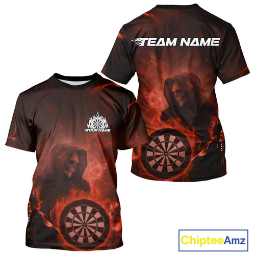 Custom Orange Flame Grim Reaper Skull Dart Men T-Shirts, Halloween Dart Team Outfits IPHW10024
