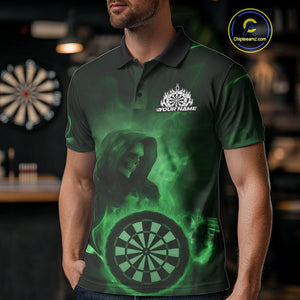Custom Green Flame Grim Reaper Skull Dart Men Polo Shirts, Halloween Dart Team Outfits IPHW10025