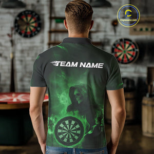Custom Green Flame Grim Reaper Skull Dart Men Polo Shirts, Halloween Dart Team Outfits IPHW10025