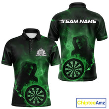 Load image into Gallery viewer, Custom Green Flame Grim Reaper Skull Dart Men Polo Shirts, Halloween Dart Team Outfits IPHW10025