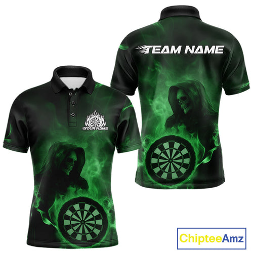 Custom Green Flame Grim Reaper Skull Dart Men Polo Shirts, Halloween Dart Team Outfits IPHW10025
