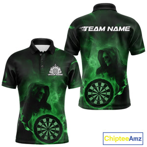 Custom Green Flame Grim Reaper Skull Dart Men Polo Shirts, Halloween Dart Team Outfits IPHW10025