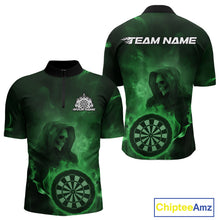 Load image into Gallery viewer, Custom Green Flame Grim Reaper Skull Dart Men Quarter-Zip Shirts, Halloween Dart Team Outfits IPHW10025