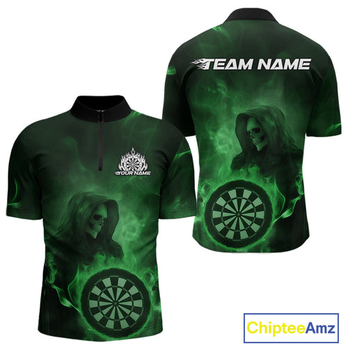 Custom Green Flame Grim Reaper Skull Dart Men Quarter-Zip Shirts, Halloween Dart Team Outfits IPHW10025