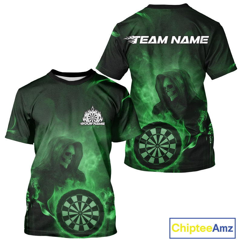 Custom Green Flame Grim Reaper Skull Dart Men T-Shirts, Halloween Dart Team Outfits IPHW10025