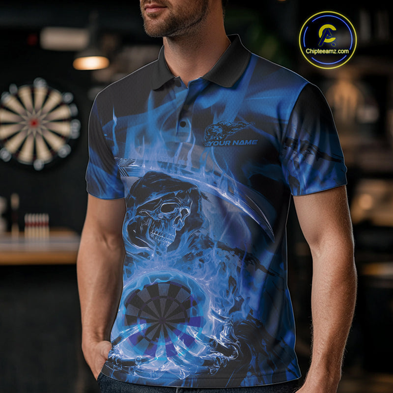 Custom Blue Flame Grim Reaper Halloween Dart Men Polo Shirts For Team, Dart Jerseys IPHW10030