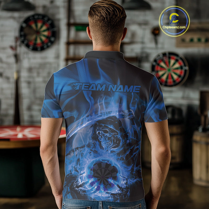 Custom Blue Flame Grim Reaper Halloween Dart Men Polo Shirts For Team, Dart Jerseys IPHW10030