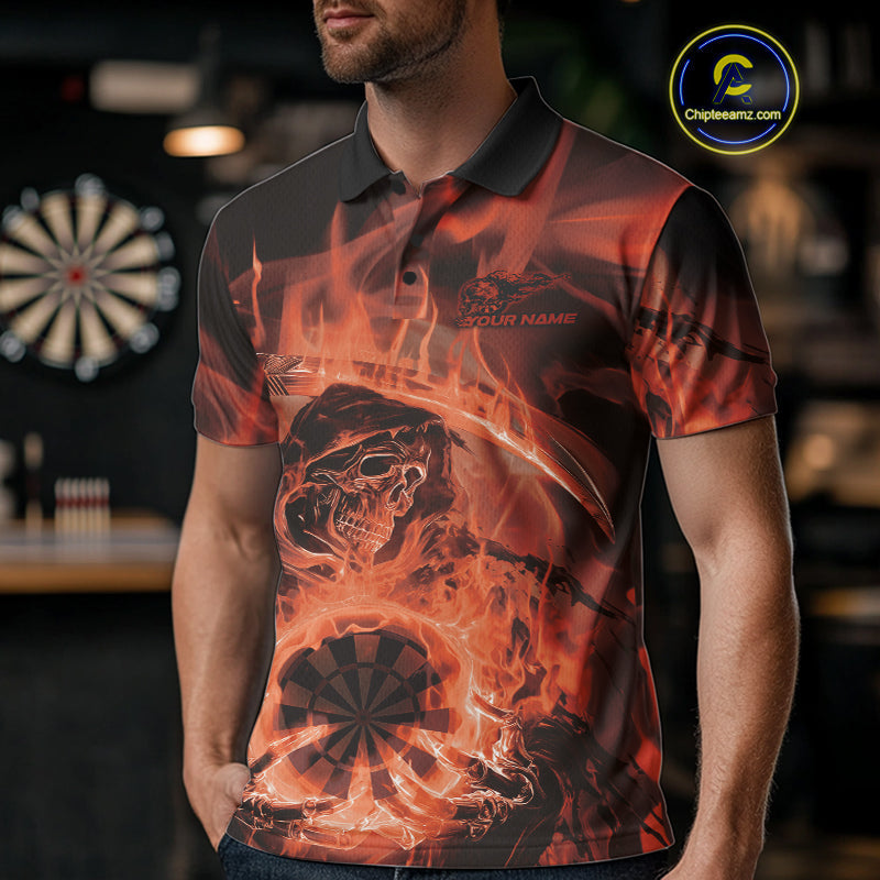 Custom Orange Flame Grim Reaper Halloween Dart Men Polo Shirts For Team, Dart Jerseys IPHW10031