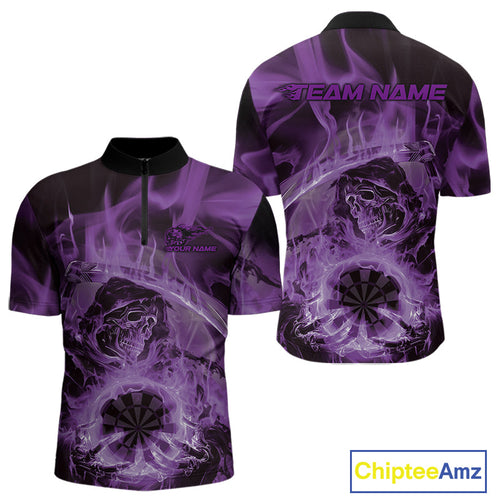Custom Purple Flame Grim Reaper Halloween Dart Men Quarter-Zip Shirts For Team, Dart Jerseys IPHW10032