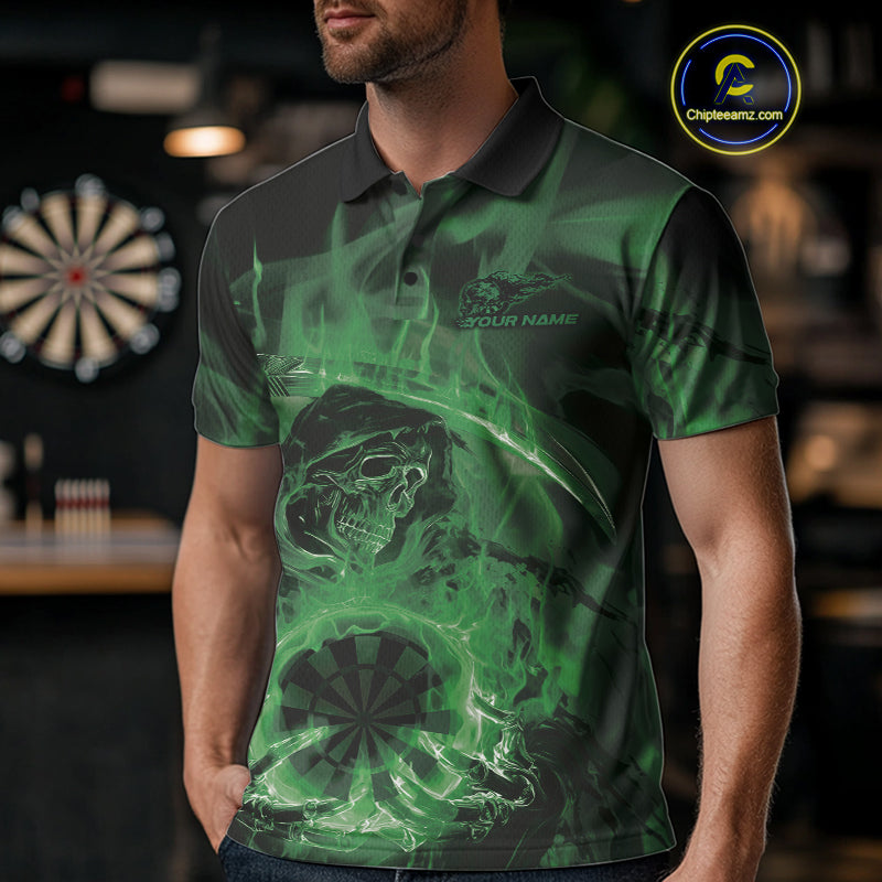 Custom Green Flame Grim Reaper Halloween Dart Men Polo Shirts For Team, Dart Jerseys IPHW10033