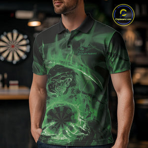 Custom Green Flame Grim Reaper Halloween Dart Men Polo Shirts For Team, Dart Jerseys IPHW10033