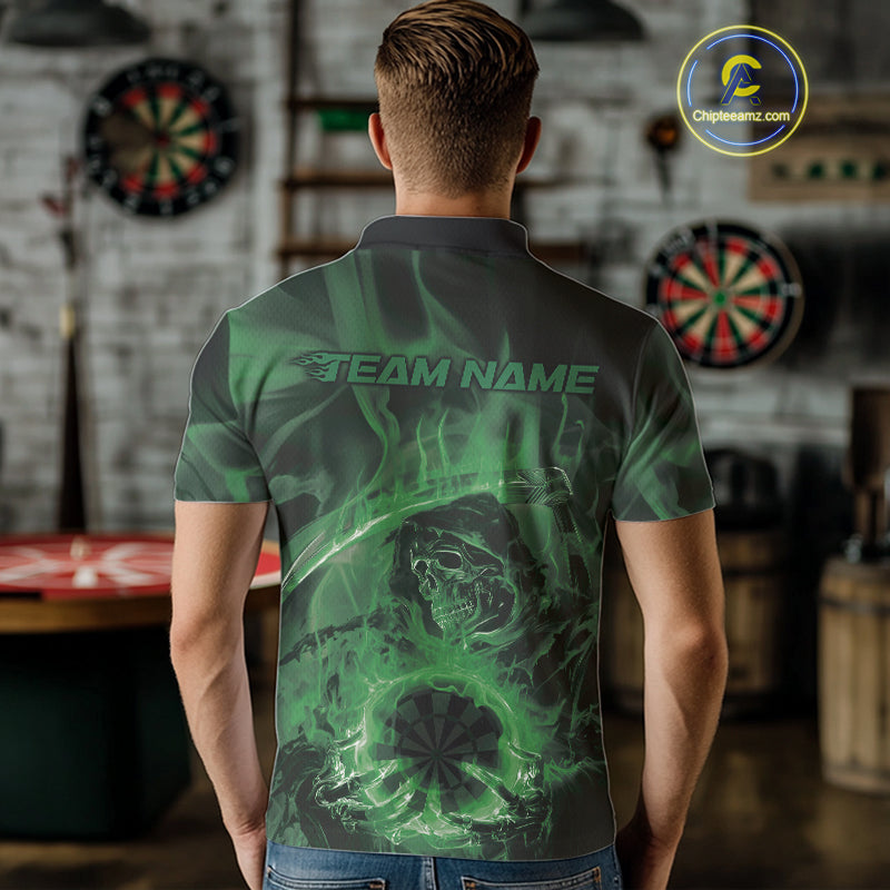 Custom Green Flame Grim Reaper Halloween Dart Men Polo Shirts For Team, Dart Jerseys IPHW10033