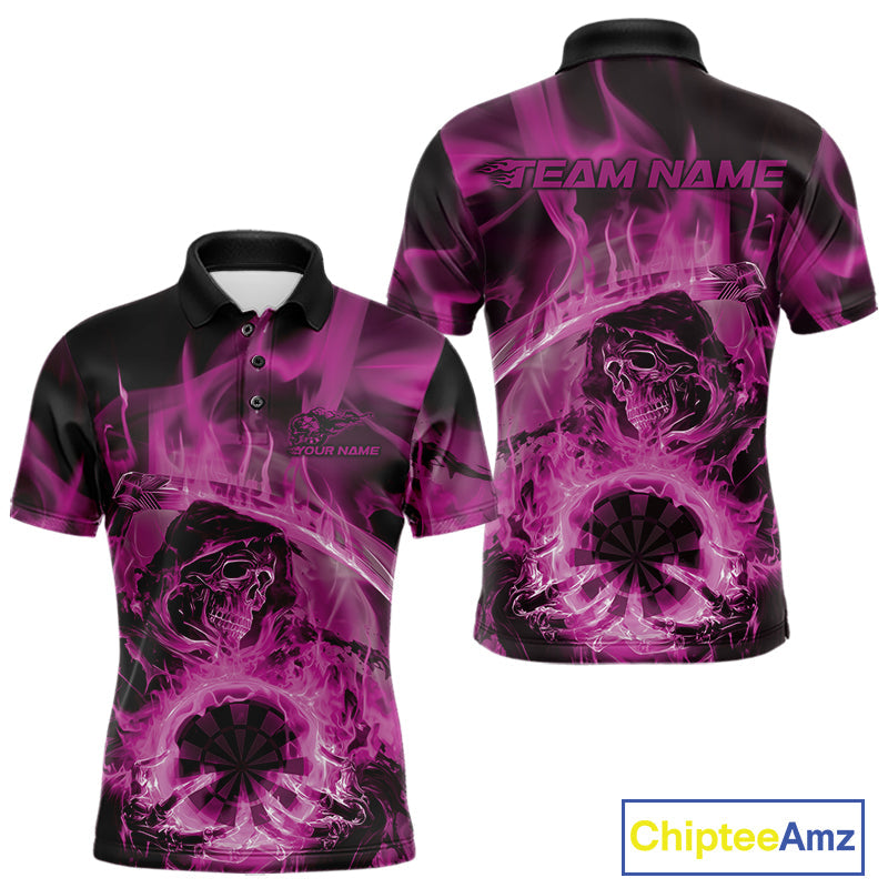 Custom Pink Flame Grim Reaper Halloween Dart Men Polo Shirts For Team, Dart Jerseys IPHW10034