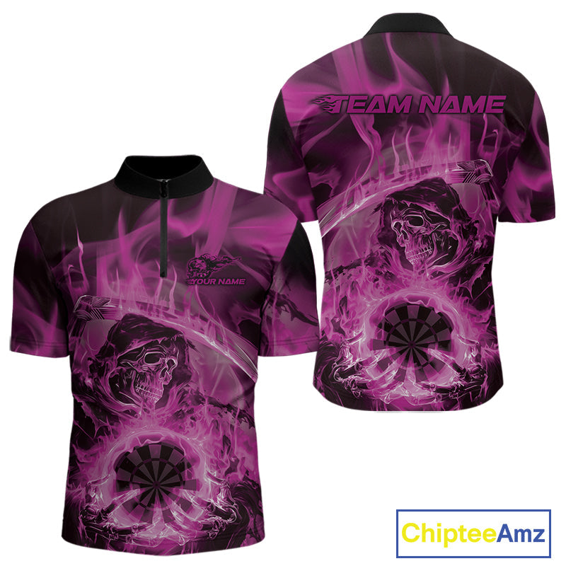 Custom Pink Flame Grim Reaper Halloween Dart Men Quarter-Zip Shirts For Team, Dart Jerseys IPHW10034