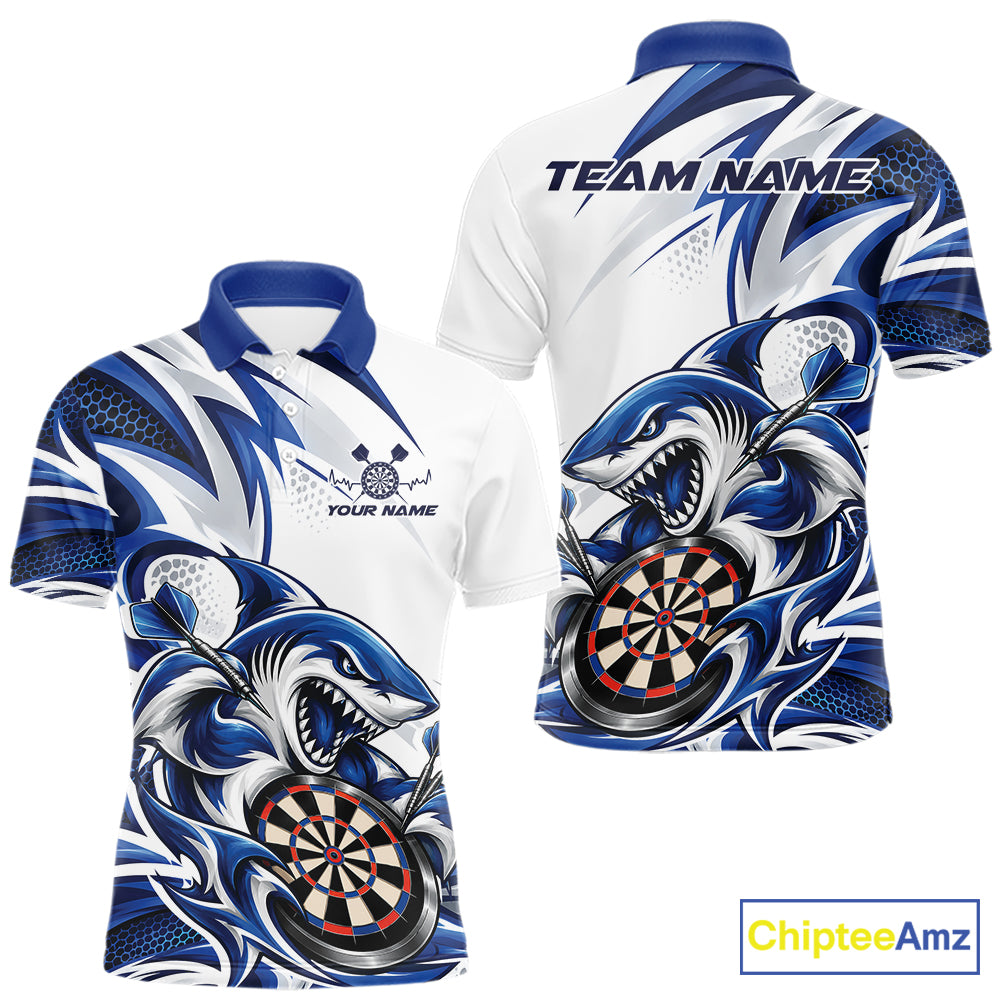 Custom White And Blue Shark Dart Jersey, Dart Polo Shirt For Men Team Uniform IPHW12643
