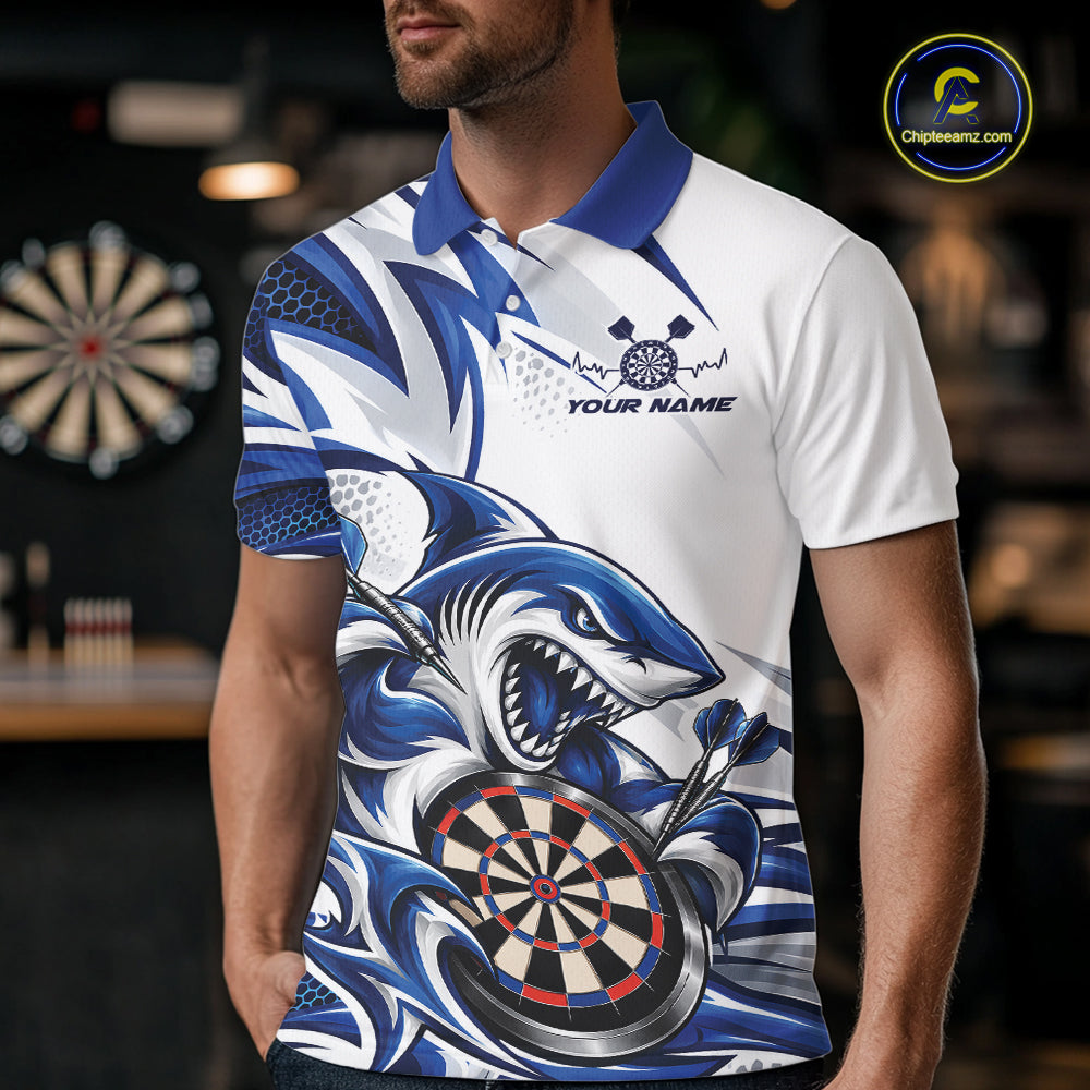 Custom White And Blue Shark Dart Jersey, Dart Polo Shirt For Men Team Uniform IPHW12643