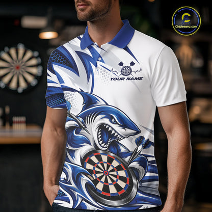 Custom White And Blue Shark Dart Jersey, Dart Polo Shirt For Men Team Uniform IPHW12643