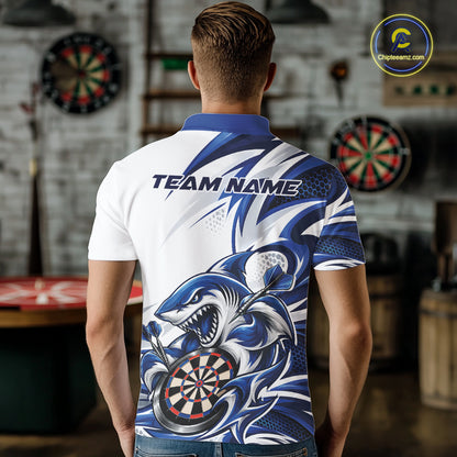 Custom White And Blue Shark Dart Jersey, Dart Polo Shirt For Men Team Uniform IPHW12643