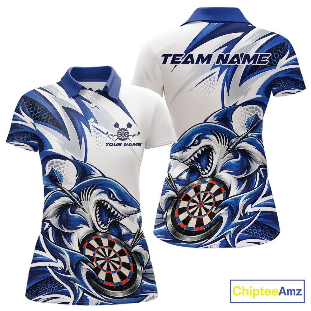 Custom White And Blue Shark Dart Jersey, Dart Polo Shirt For Women Team Uniform IPHW12643