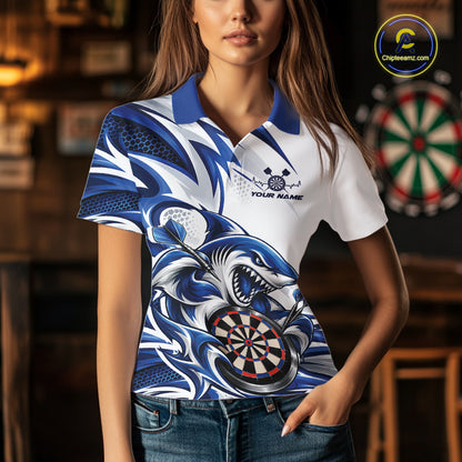 Custom White And Blue Shark Dart Jersey, Dart Polo Shirt For Women Team Uniform IPHW12643
