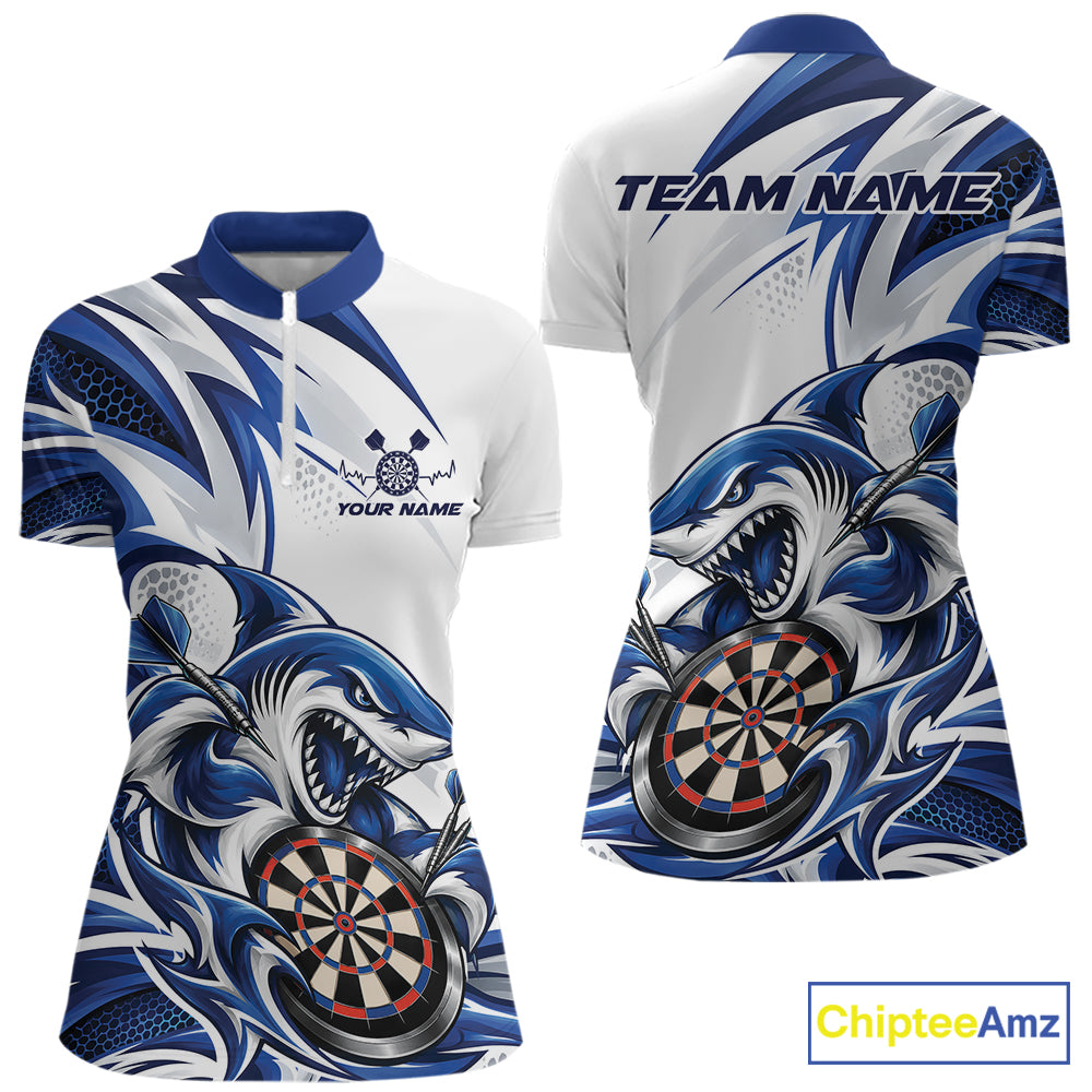 Custom White And Blue Shark Dart Jersey, Dart Quarter-Zip Shirt For Women Team Uniform IPHW12643