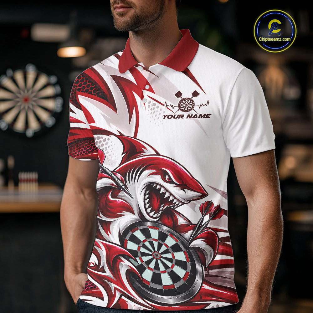 Custom White And Red Shark Dart Jersey, Dart Polo Shirt For Men Team Uniform IPHW12644
