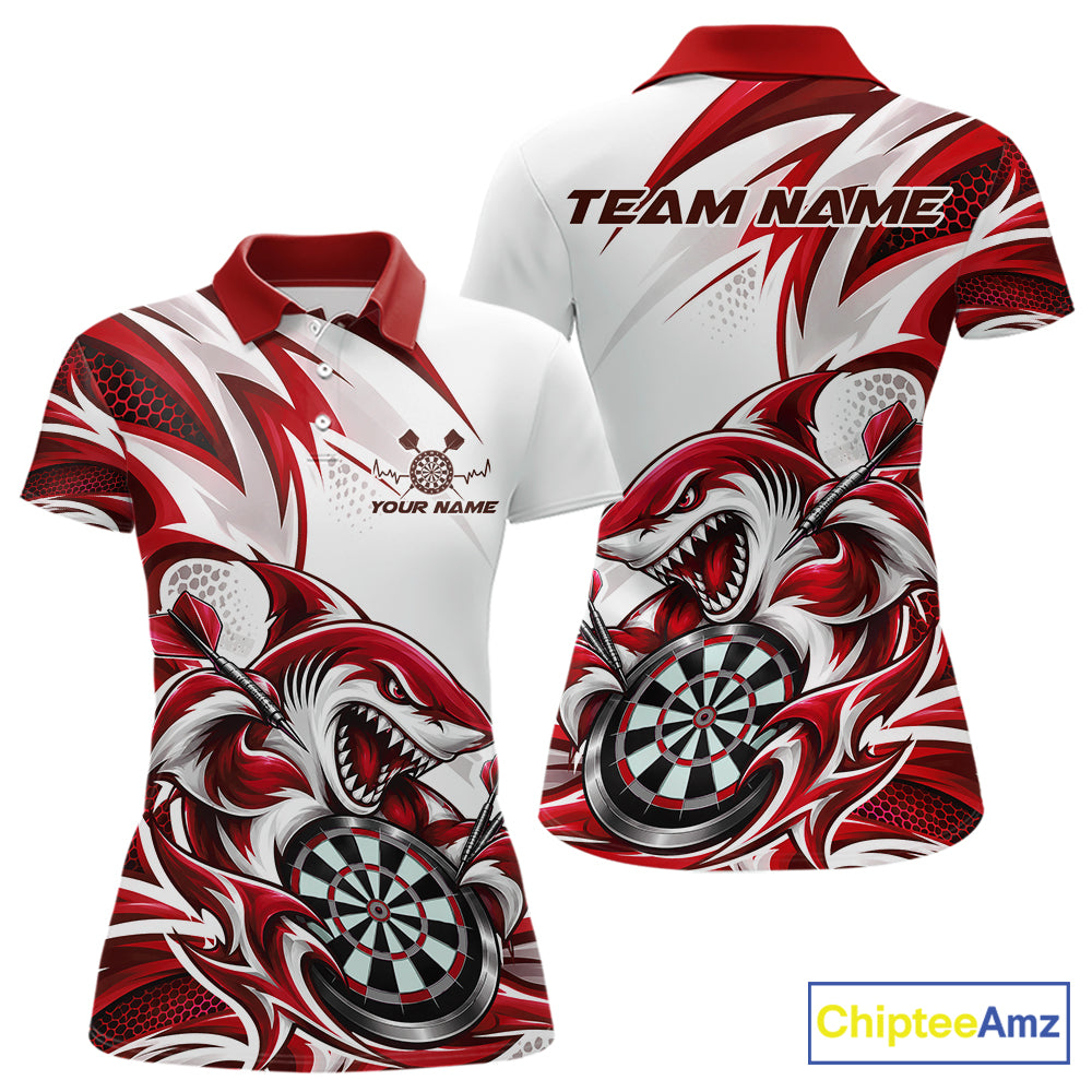 Custom White And Red Shark Dart Jersey, Dart Polo Shirt For Women Team Uniform IPHW12644