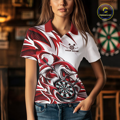 Custom White And Red Shark Dart Jersey, Dart Polo Shirt For Women Team Uniform IPHW12644