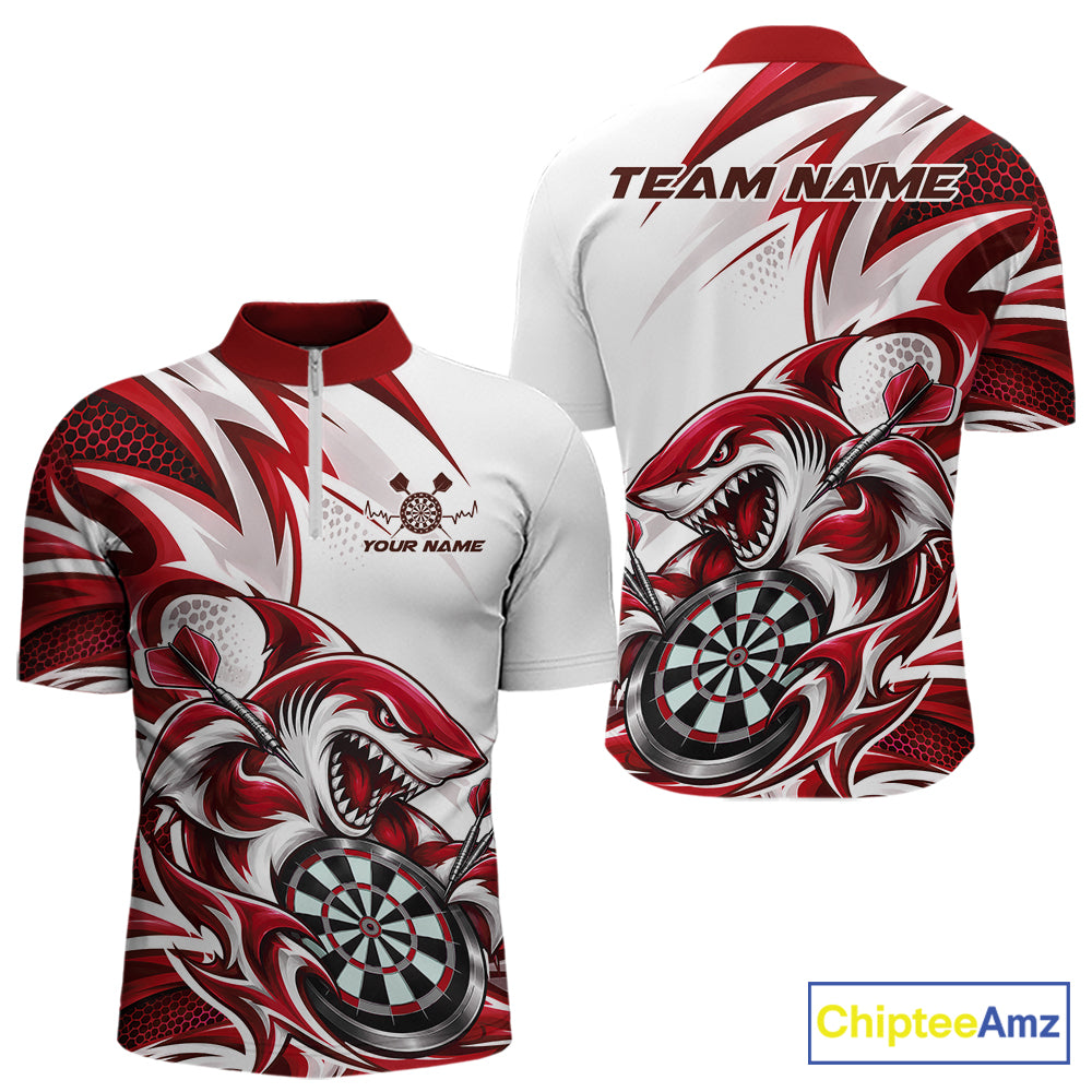 Custom White And Red Shark Dart Jersey, Dart Quarter Zip Shirt For Men Team Uniform IPHW12644